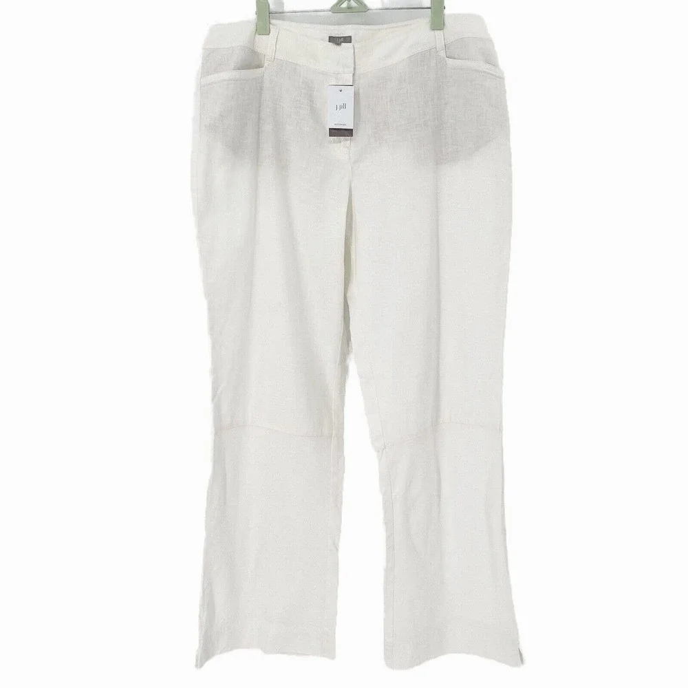 J.Jill Linen Straight Pants Sz 14 White Seamed High Rise Flat Front Pockets‎ NWT